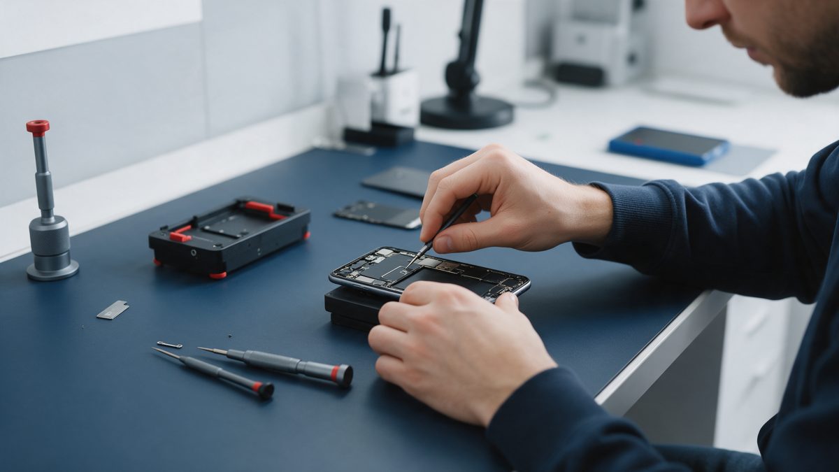 Técnico consertando um celular